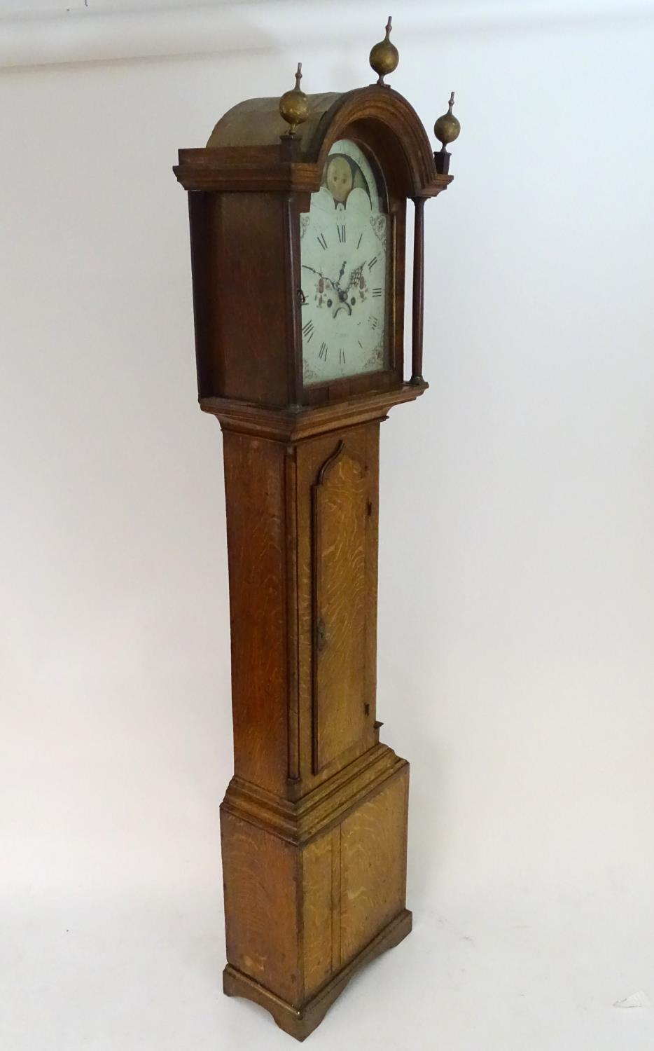 A late 18thC 8 day longcase clock with painted arched enamel dial having rolling moon, the dial - Image 7 of 34