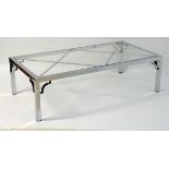 Vintage Retro mid Century modern: A large chromed and glass topped coffee table with cross