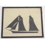 An early 20thC depiction of a sailing boat in silhouette. Approx. 9" x 11 1/2" Please Note - we do