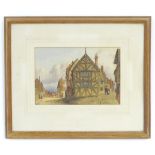 XIX-XX, Watercolour, Arch de Farquhar(son)? A street scene with timber buildings and figures. Signed
