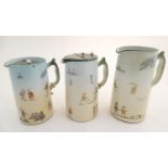 Three Grimwades Brownies jugs, two with pewter lids. All marked under. Tallest approx. 8" high. (