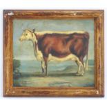 J. Box, XX, Oil on canvas laid on board, A portrait of a prize cow in a landscape. Signed lower