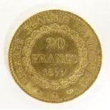 A French Republic 20 franc gold coin, 1877, approx. 6.45g Please Note - we do not make reference