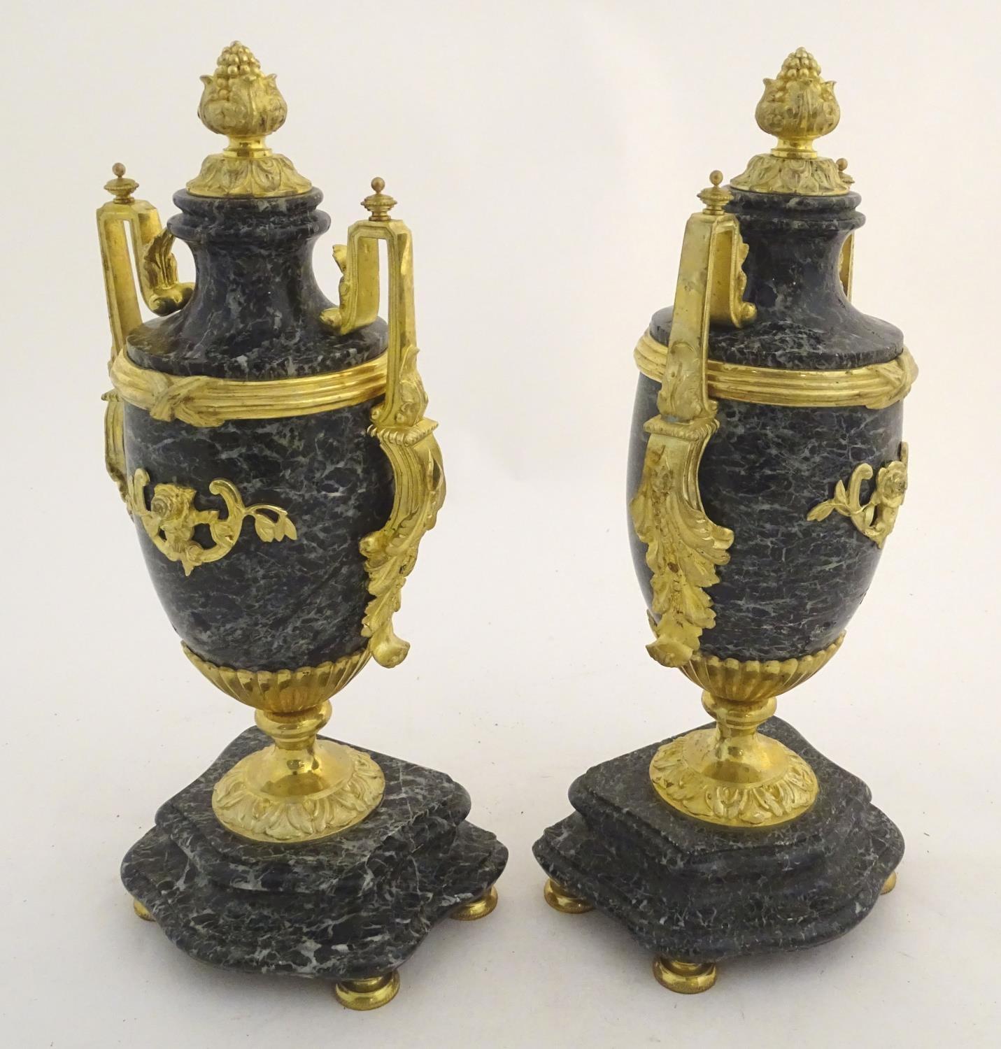 A pair of late 19thC grey marble garnitures of urn form with gilt metal handles and mounts. - Image 8 of 24