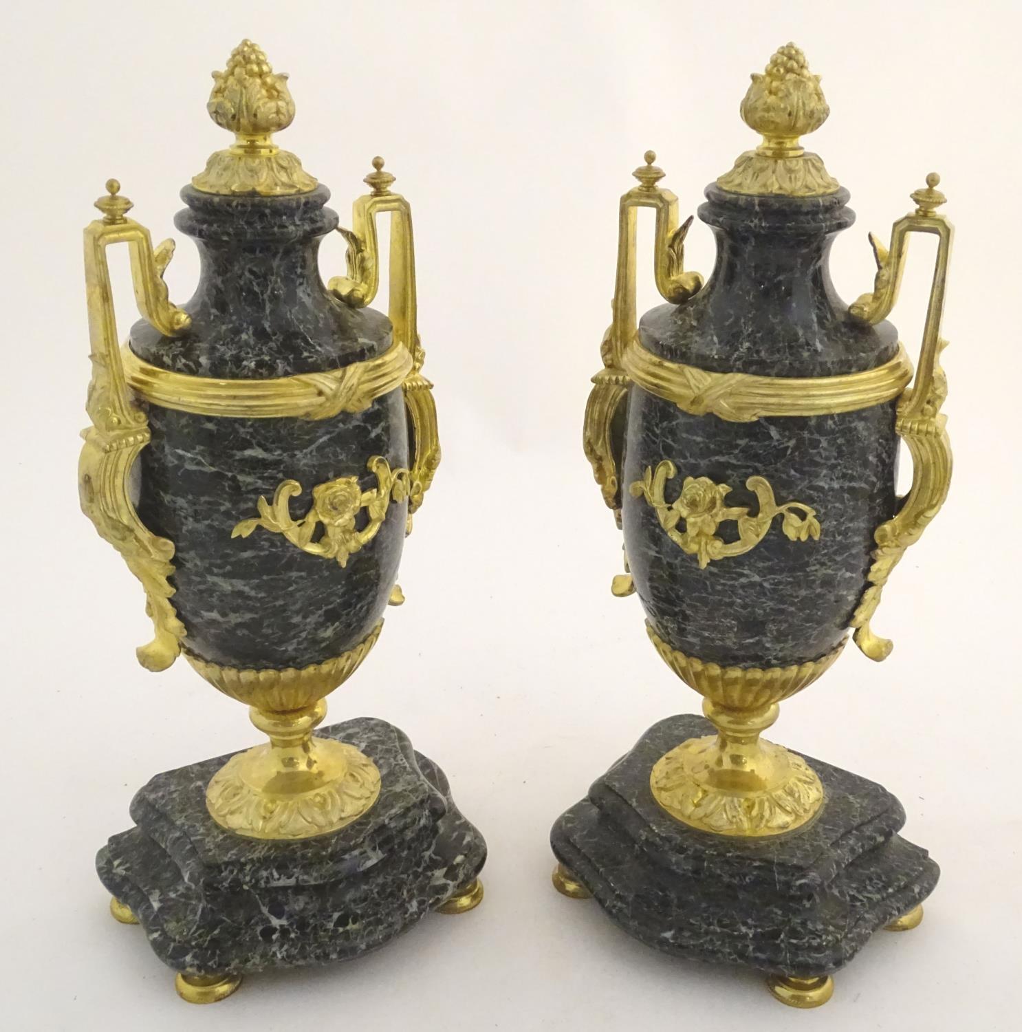 A pair of late 19thC grey marble garnitures of urn form with gilt metal handles and mounts. - Image 5 of 24