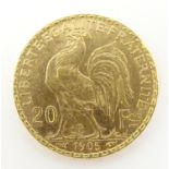 A French Republic 20 franc gold coin, 1905, approx. 6.45g Please Note - we do not make reference