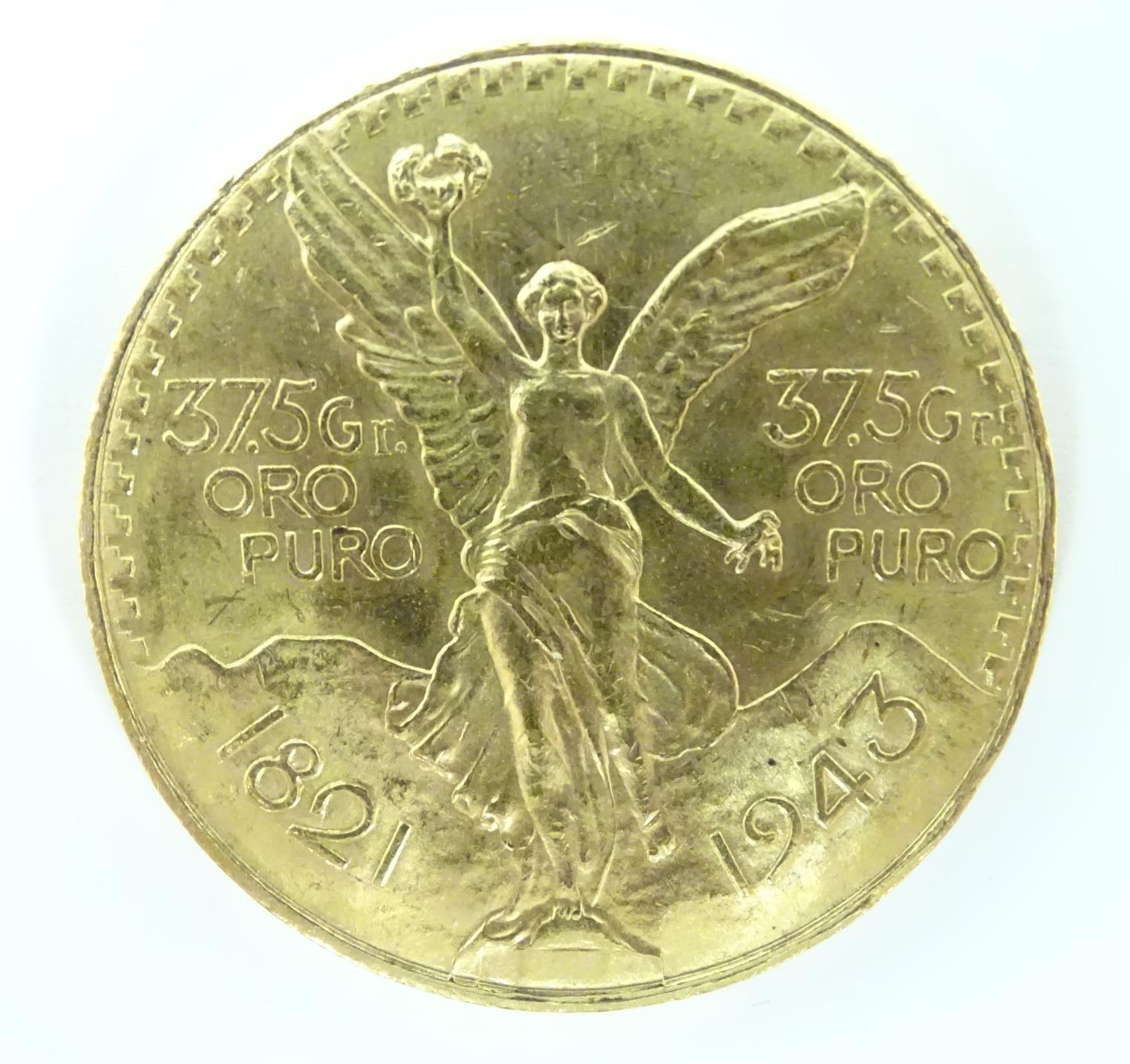 A 1943 gold 50 pesos coin commemorating Mexico's 100th anniversary of independence from Spain. The - Image 4 of 10