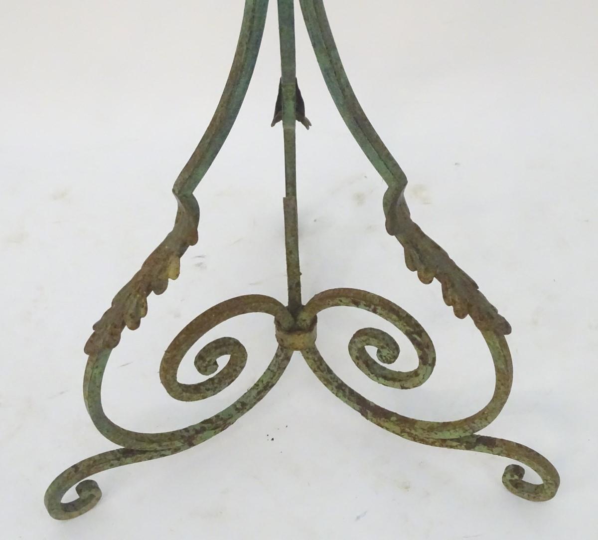 A late 19th / early 20thC wrought iron standard lamp with a verdisgris finish and gilt foliate - Image 8 of 9