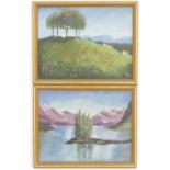 Initialled M., XX, Oil on board, a pair, A countryside landscape with wild flowers and trees on a