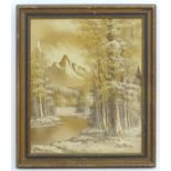 Antonio, XX, Continental School, Oil on canvas, A winter landscape with a wooded river and mountains