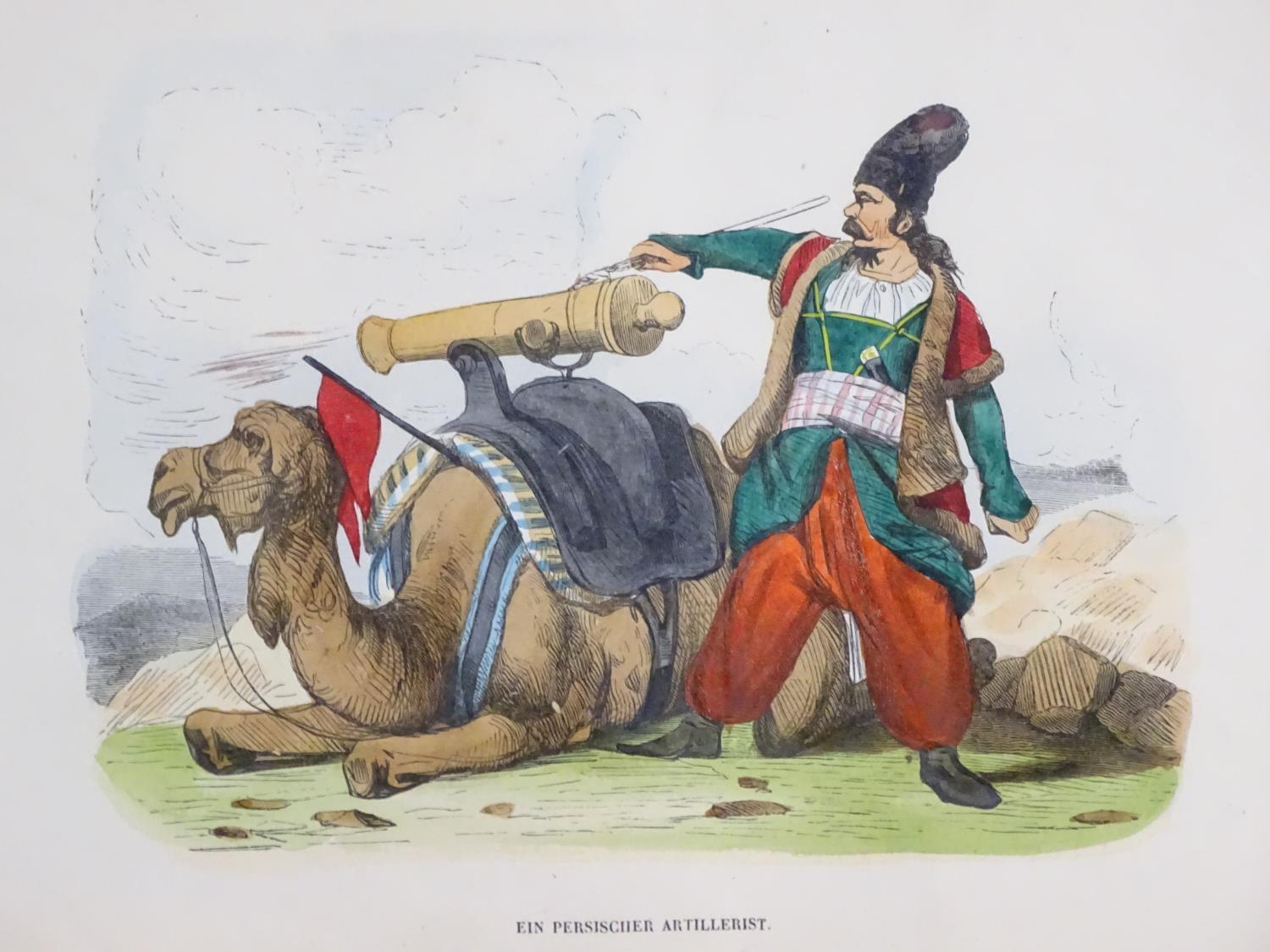 A 19thC hand coloured print entitled Ein Persischer Artillerist (A Persian Artillery Man), depicting - Image 5 of 16