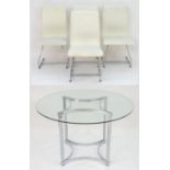 A mid / late 20thC glass top table with a chromed base and four cantilever dining chairs with