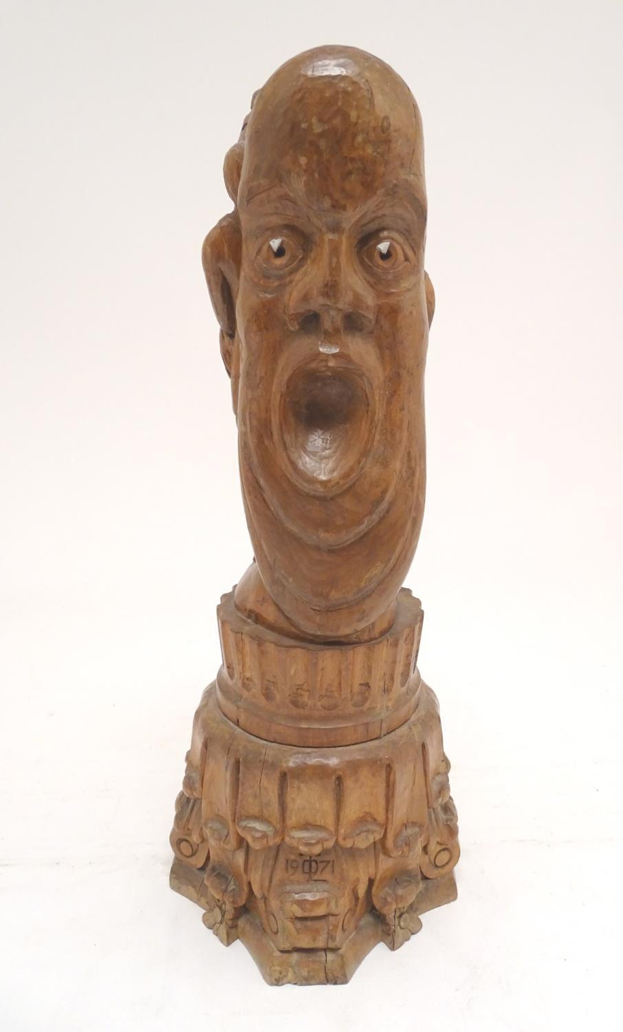 A 20thC carved wooden sculpture titled Tragic Muse to base, monogrammed TD and dated 1971 to side. - Image 9 of 17