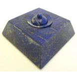 A 19thC lapis lazuli inkwell of squared form with sloped sides. Approx. 2 1/2" high. Please Note -