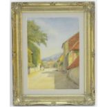 J Hewson, XX, Watercolour, Lockdown, A lone dog in an empty sunlit village street. Signed and