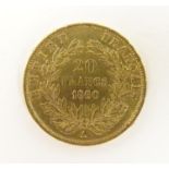 A French Republic 20 franc gold coin, 1860, approx. 6.42g Please Note - we do not make reference