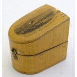 A 19thC Mauchline ware hinged thimble box / case with a sloped top depicting a view of Sandown