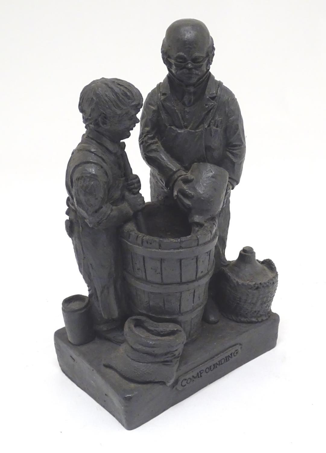 T. Owen, sculptural figural group, comrpising two figures making wine. Titled Compounding to base, - Image 4 of 11