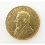 An 1898 gold 1 pond coin depicting President Paul Kruger (1883-1900), Zuid-Afrikaansche Republiek.