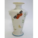 A W H Kerr & Co. of Worcester vase with a flared rim, twin moulded mask handles and handpainted