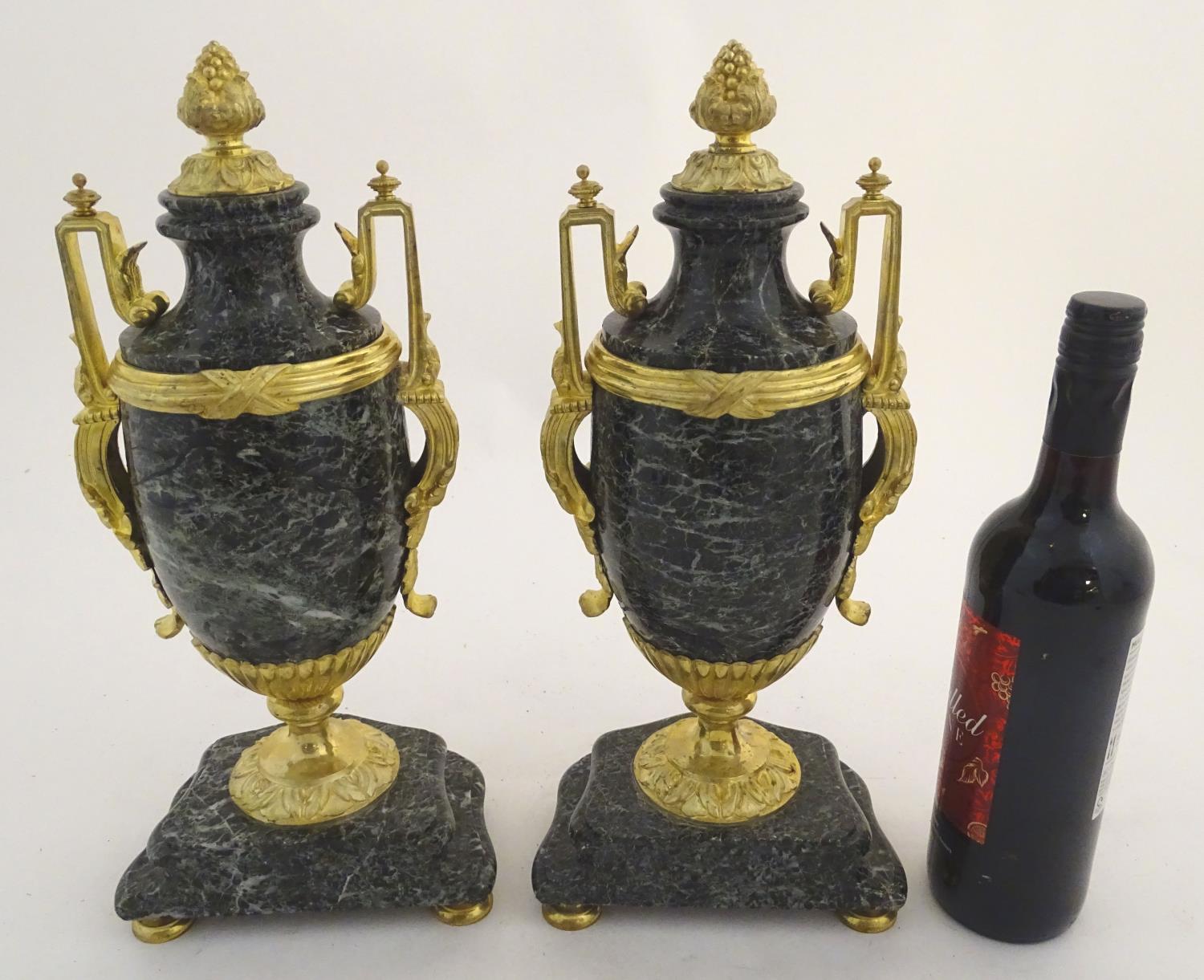 A pair of late 19thC grey marble garnitures of urn form with gilt metal handles and mounts. - Image 4 of 24