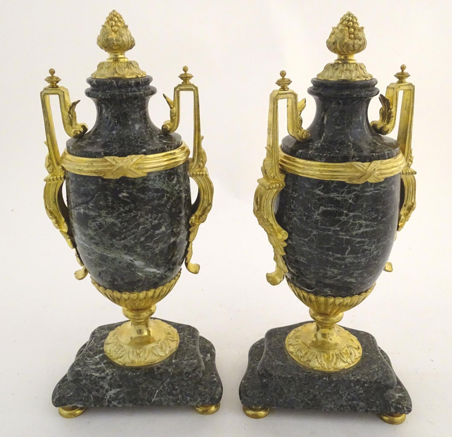 A pair of late 19thC grey marble garnitures of urn form with gilt metal handles and mounts. - Image 24 of 24