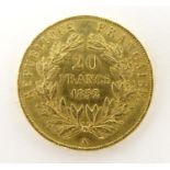 A French Republic 20 franc gold coin, 1852, approx. 6.45g Please Note - we do not make reference