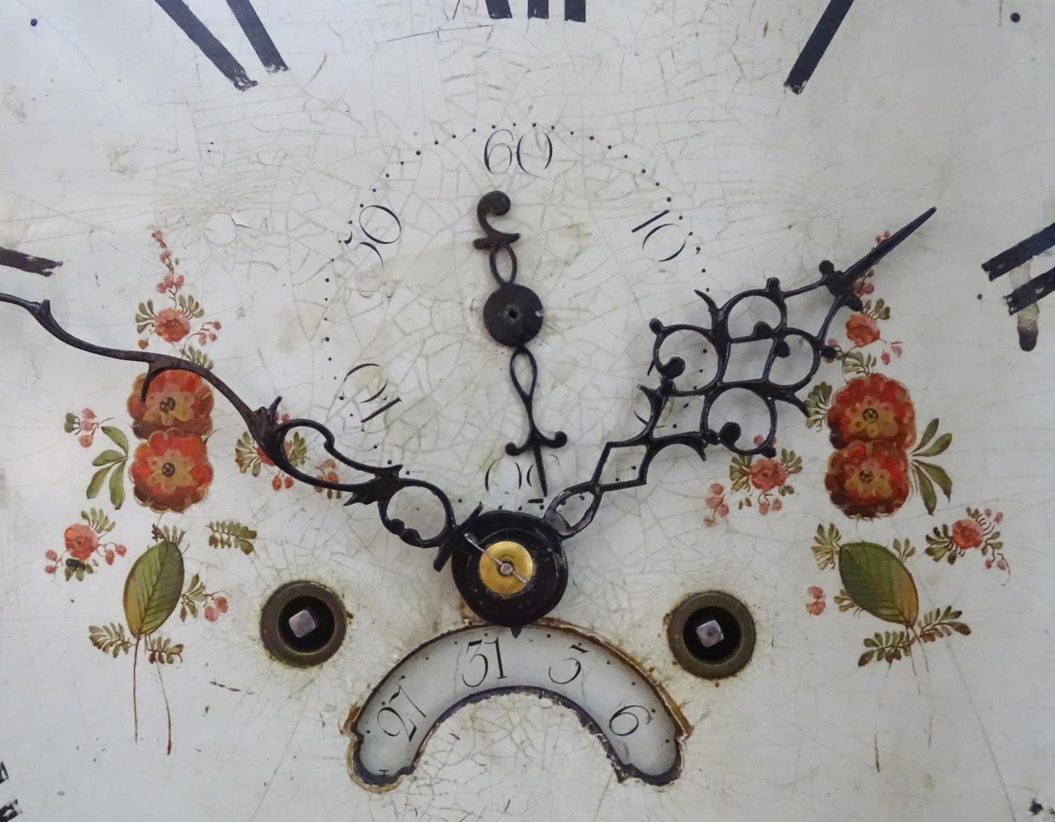 A late 18thC 8 day longcase clock with painted arched enamel dial having rolling moon, the dial - Image 19 of 34