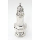 A silver caster / muffiner of octagonal baluster form, hallmarked Sheffield 1907 maker Martin,