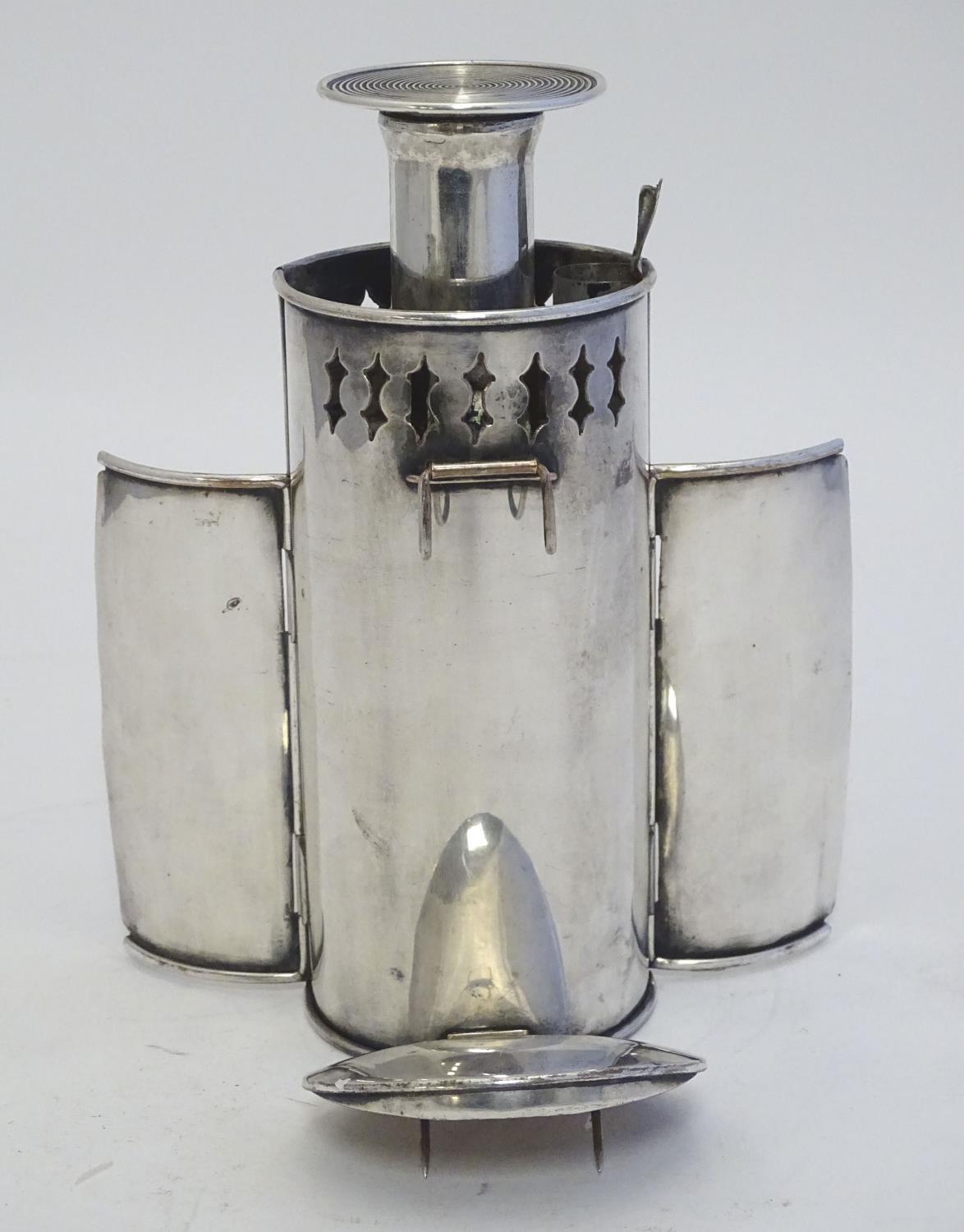 A 19thC silver plate travelling candle lantern with pierced decoration and double doors. Contained - Image 17 of 23