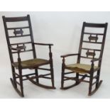 A 'his and hers' pair of early 19thC rocking chairs with slatted backrests and beaded decoration,
