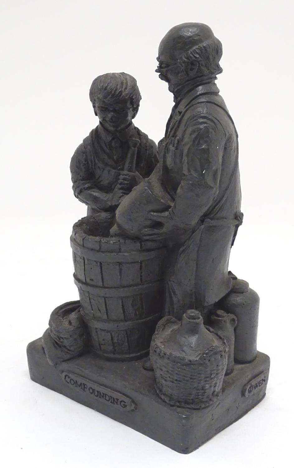 T. Owen, sculptural figural group, comrpising two figures making wine. Titled Compounding to base, - Image 7 of 11