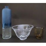 Three items of art glass items, comprising a 1950s Orrefors modernist bowl decorated with etched