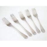 A set of five Victorian silver forks, hallmarked London 1844, maker John James Whiting. Approx. 7"