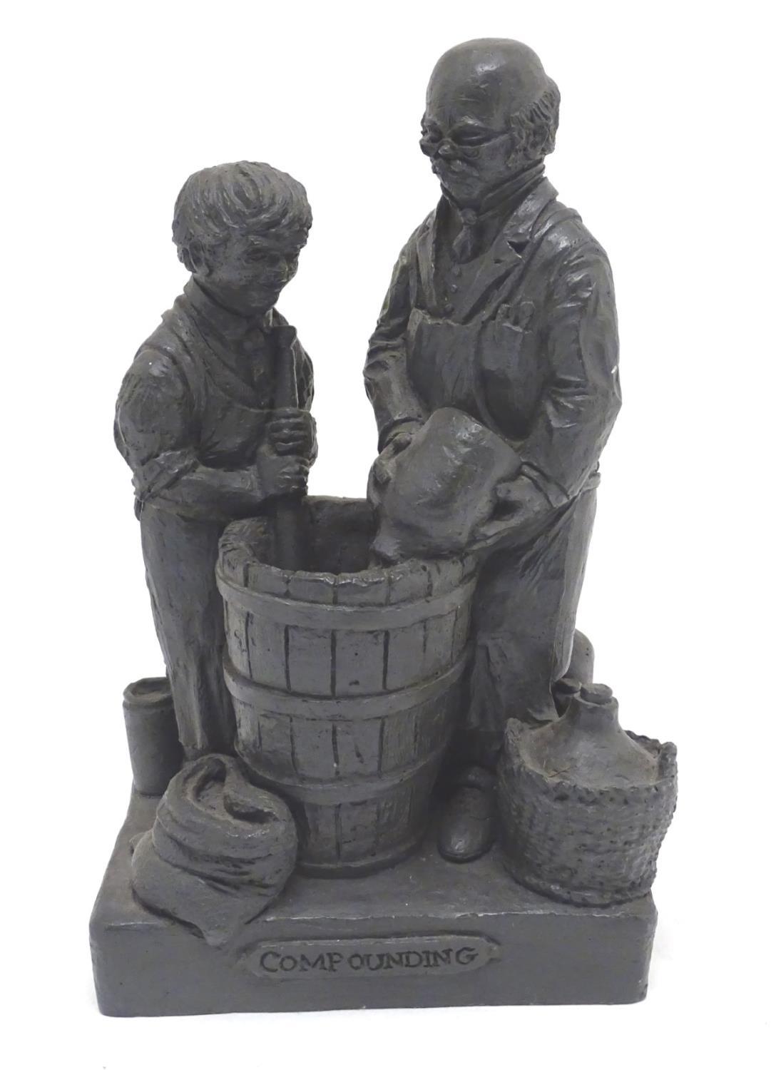 T. Owen, sculptural figural group, comrpising two figures making wine. Titled Compounding to base,
