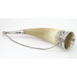 A 20thC Russian bovine horn drinking vessel with silver mounts and niello decoration. Approx. 10"