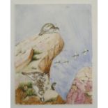 A hand painted ceramic tile depicting birds in flight and quail birds on a cliff. Signed R.