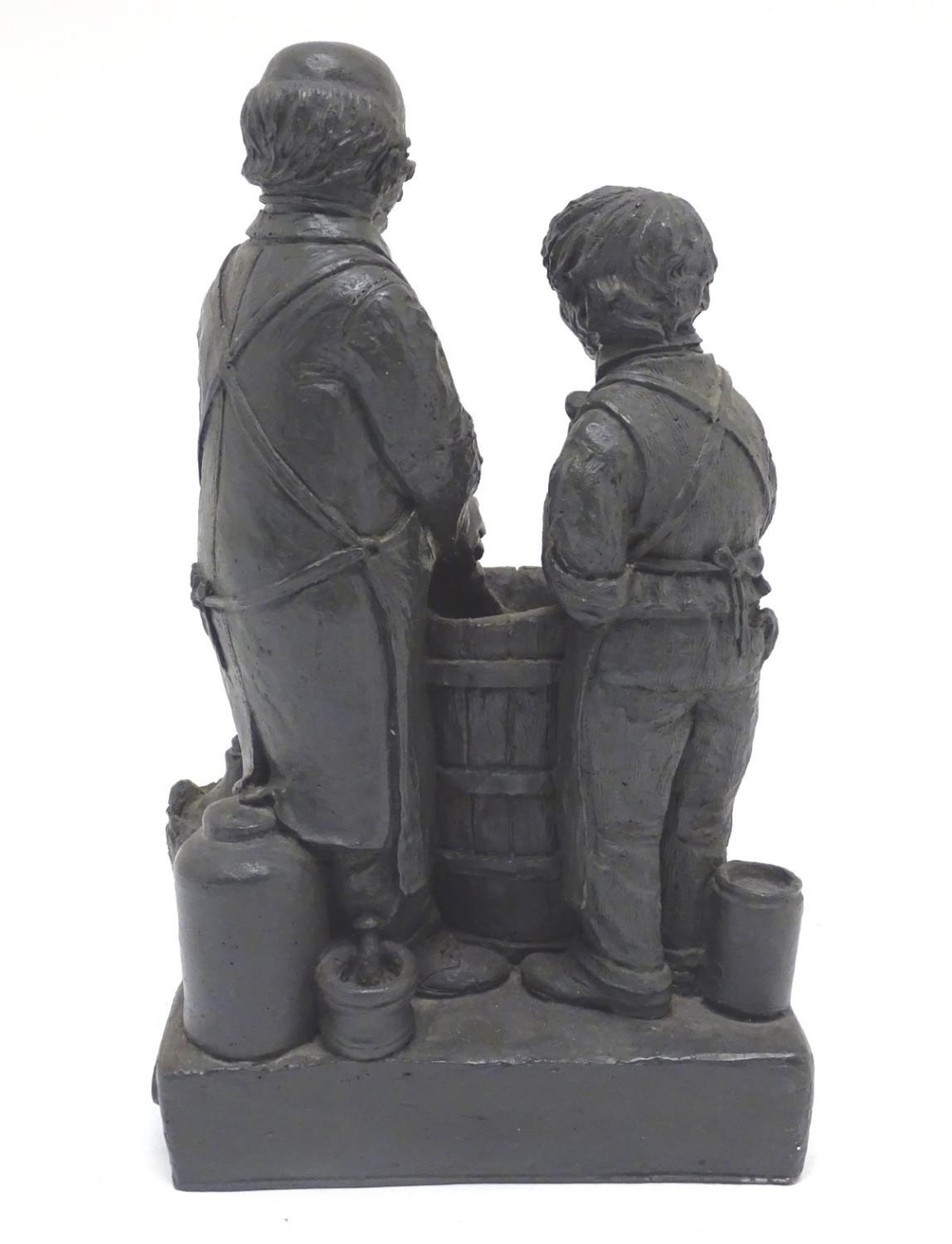 T. Owen, sculptural figural group, comrpising two figures making wine. Titled Compounding to base, - Image 9 of 11