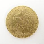 A French Republic 20 franc gold coin, 1914, approx. 6.45g Please Note - we do not make reference
