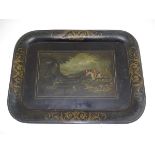 An early 19thC tole peinte tray, decorated with a stag hunting scene, with figures on horseback