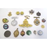 A collection of 20thC and earlier badges and medals, examples including hunt supporter,