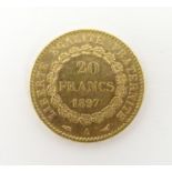 A French Republic 20 franc gold coin, 1897, approx. 6.45g Please Note - we do not make reference