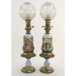 A pair of 19thC oil table lamps, of brass construction with separable bases, etched spherical