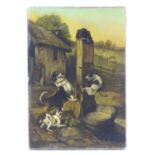 English School, Early XX, Oil on canvas, A Victorian farmyard scene with dogs after a marooned cat