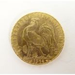 A French Republic 20 franc gold coin, 1914, approx. 6.45g Please Note - we do not make reference