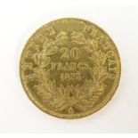 A French Republic 20 franc gold coin, 1855, approx. 6.45g Please Note - we do not make reference