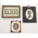 Three 19th / 20thC miniatures and silhouettes to include a print of a young lady in silhouette, a