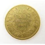 A French Republic 20 franc gold coin, 1858, approx. 6.42g Please Note - we do not make reference