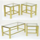 A collection of brass and glass coffee tables, comprising a pair of end tables, a long rectangular