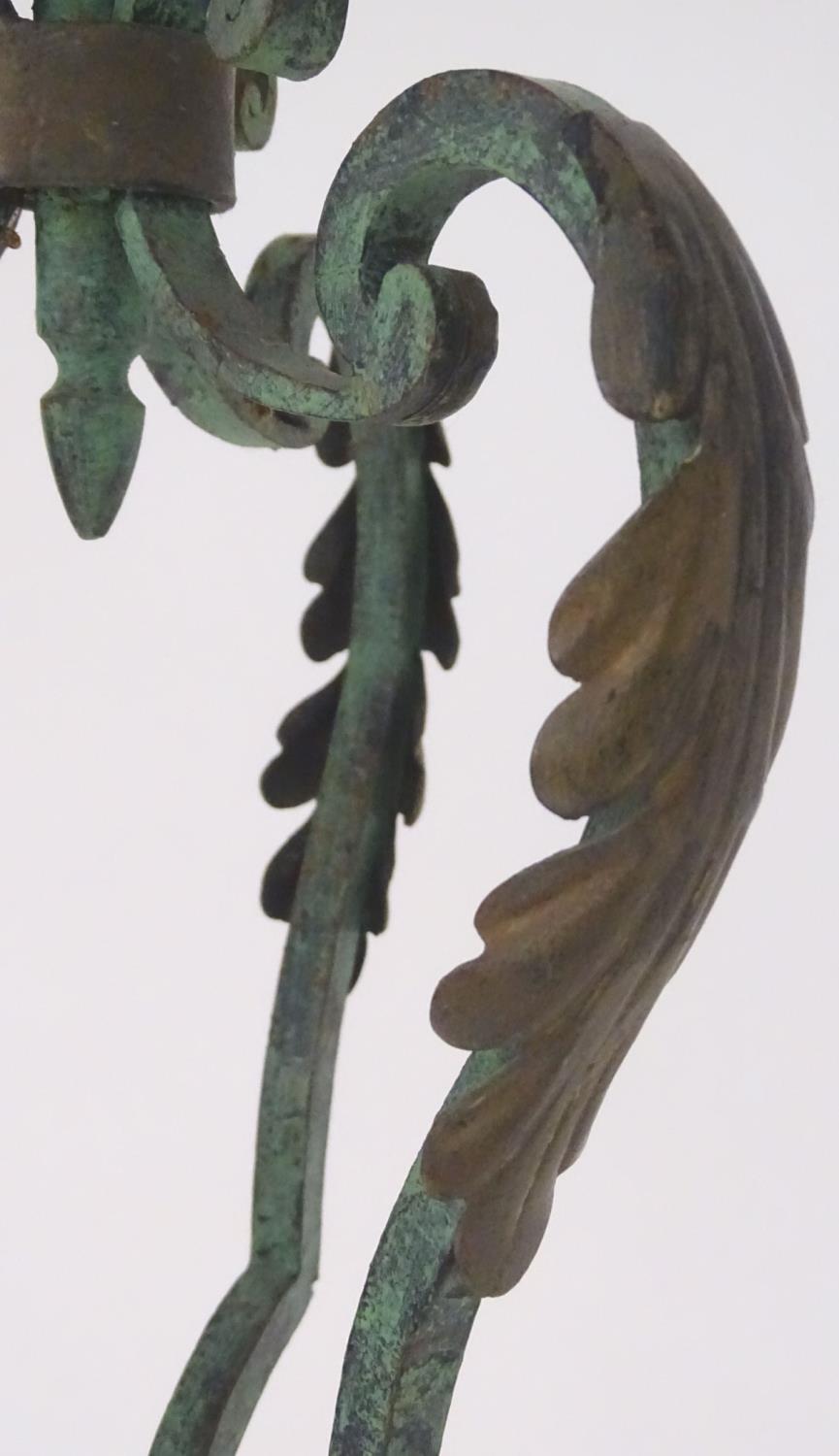 A late 19th / early 20thC wrought iron standard lamp with a verdisgris finish and gilt foliate - Image 7 of 9